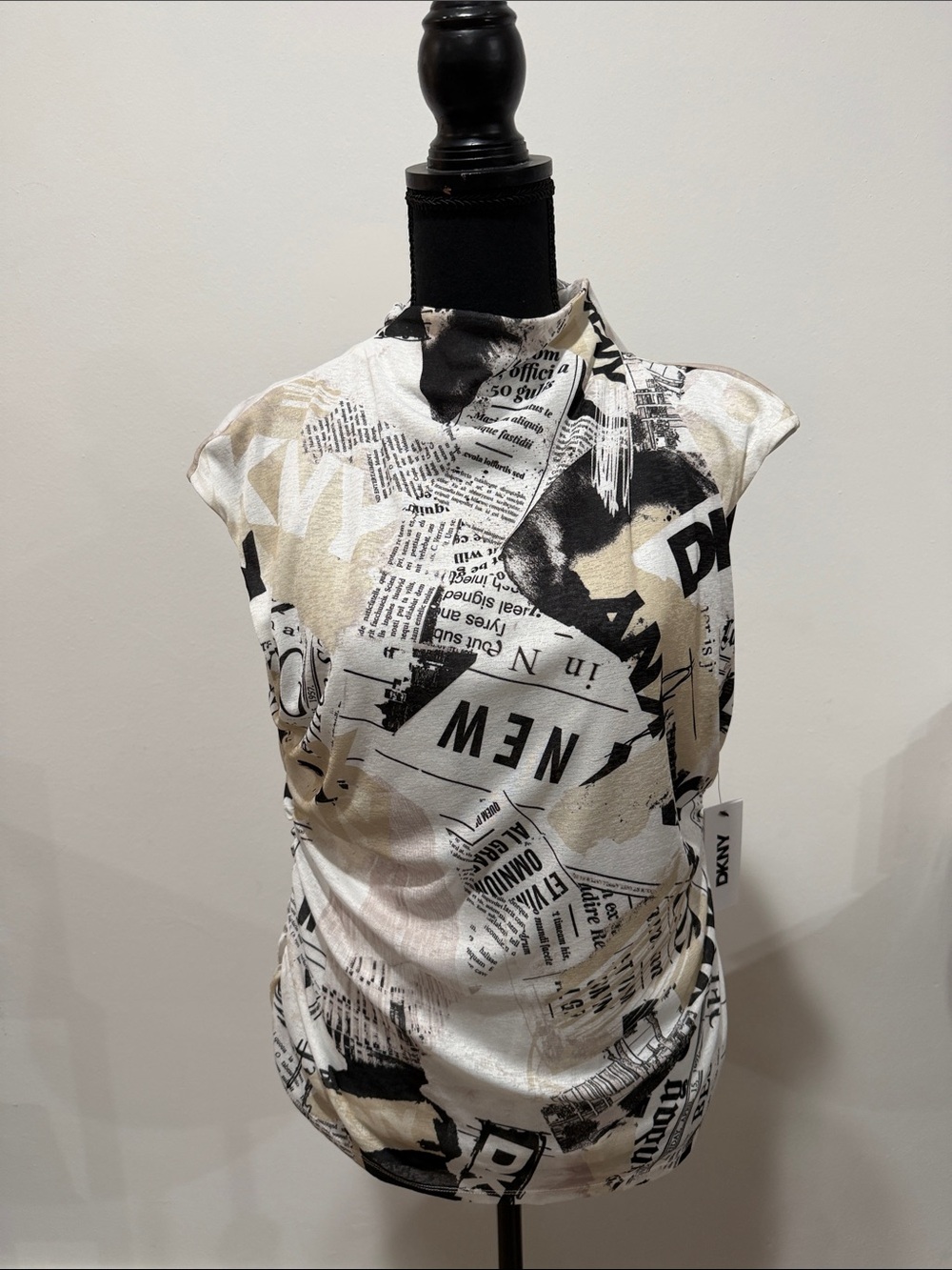 DKNY Newspaper-Print Cap-Sleeve Top in White, Beige, Black